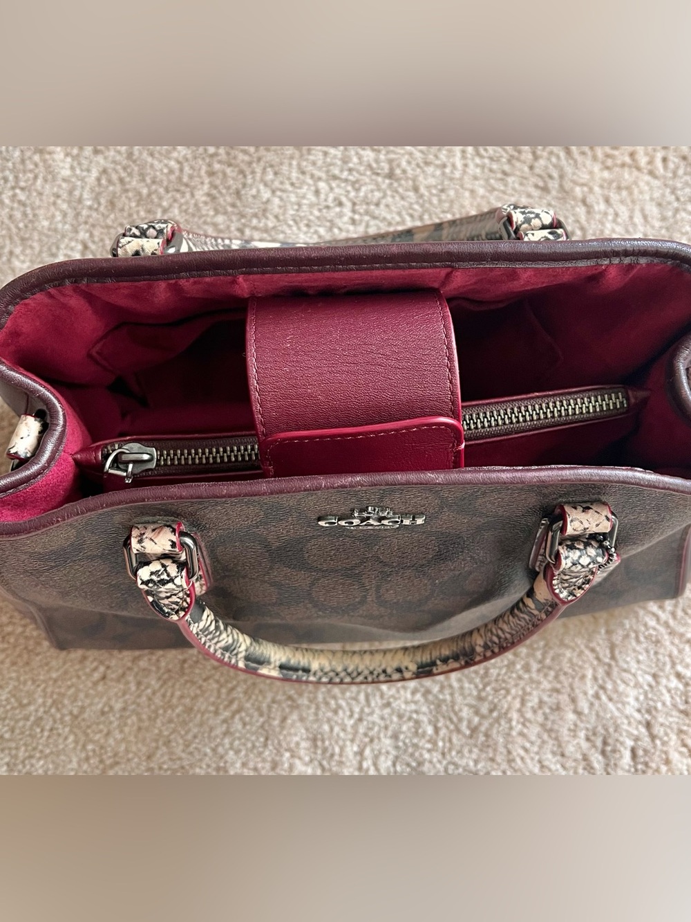COACH MARGOT Embossed Snake Leather Signature Satchel Dark Brown/Burgundy - Picture 11 of 16